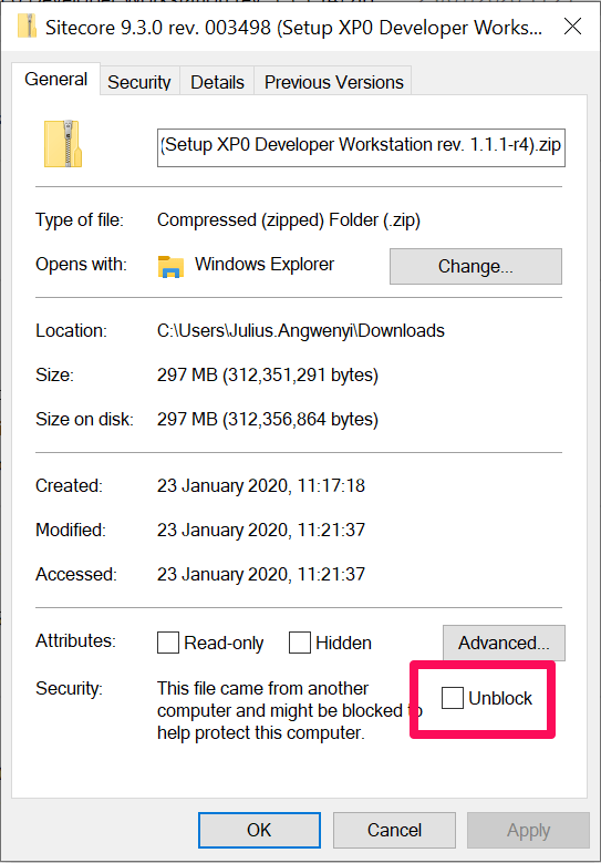 Screenshot 1 - unblock the package before extracting the contents
