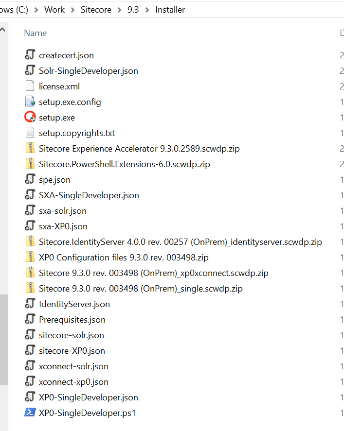 Screenshot showing extracted package for Sitecore 9.3.0 rev. 003498 (Setup XP0 Developer Workstation rev. 1.1.1-r4)