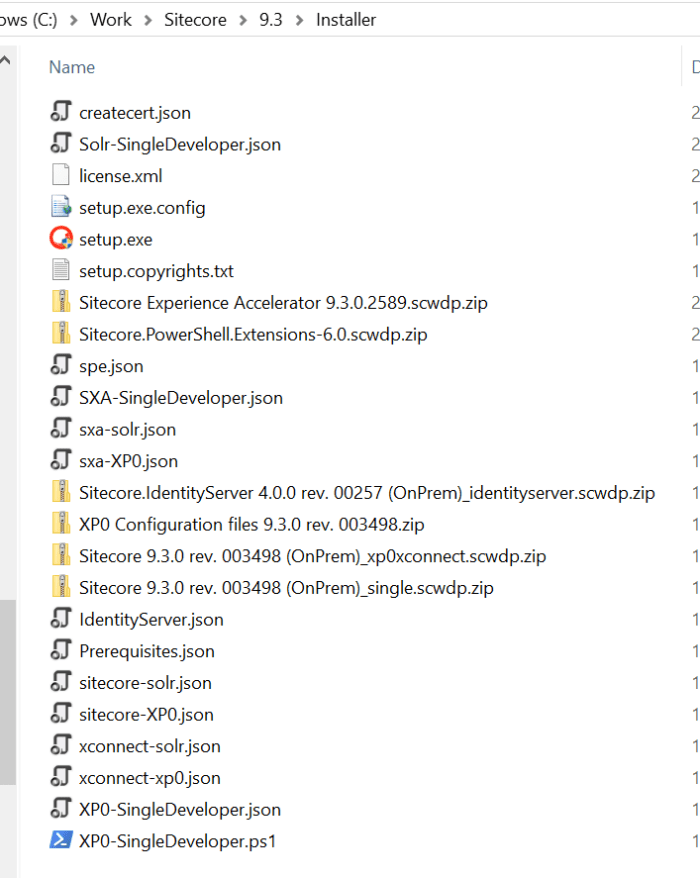 Screenshot showing extracted package for Sitecore 9.3.0 rev. 003498 (Setup XP0 Developer Workstation rev. 1.1.1-r4)