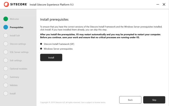 SIA prerequisites screen