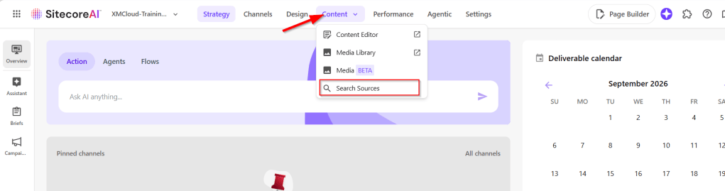 Screenshot of the Sitecore AI interface showing the Content dropdown menu with 'Search Sources' highlighted and a calendar on the right side.