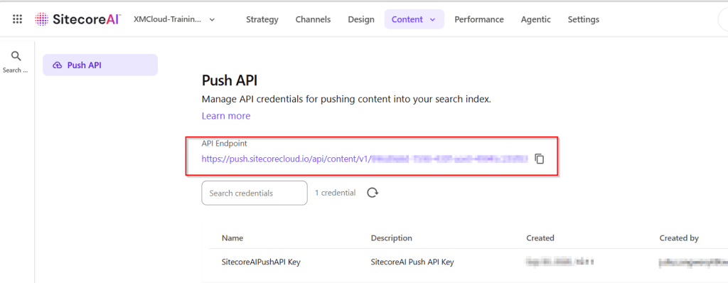 Sitecore AI Push API configuration interface displaying the API endpoint and related credentials.