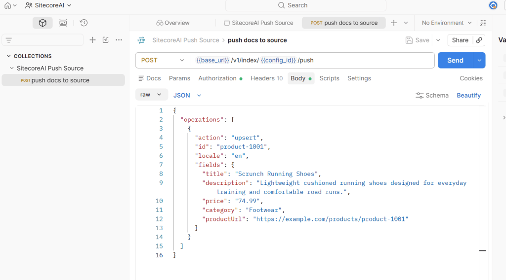 JSON request example for pushing product data, including title, description, price, category, and product URL.