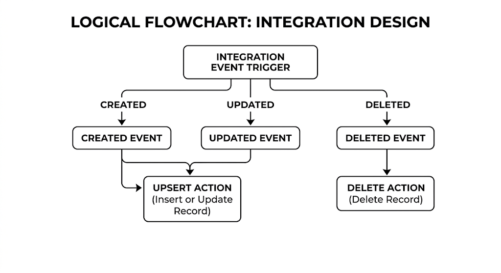 Logical flowchart illustrating integration design, showing event triggers for created, updated, and deleted events with corresponding actions.