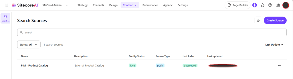 Screenshot of the Sitecore AI interface displaying the 'Search Sources' section, showing a product catalog with details such as name, description, config status, source type, last index, and last updated.