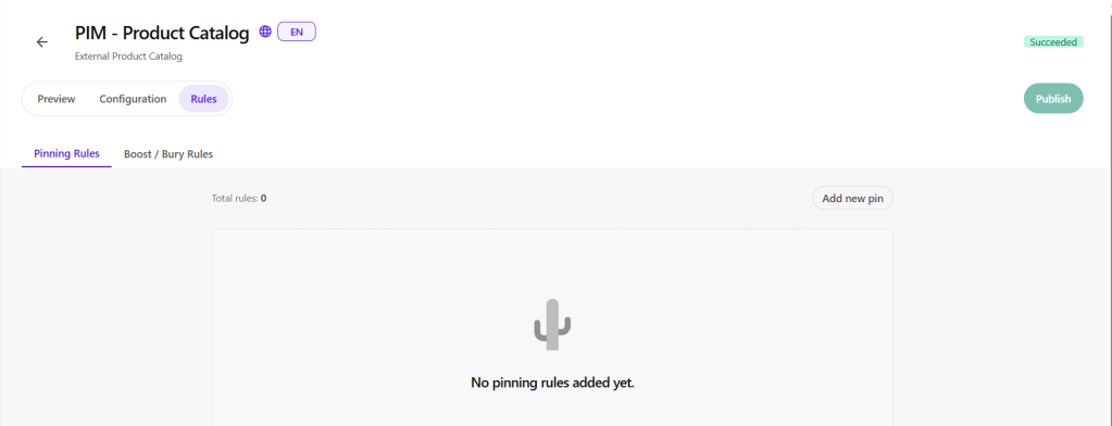 Screenshot of a product catalog management interface displaying the 'Pinning Rules' tab with a message indicating no rules have been added yet.